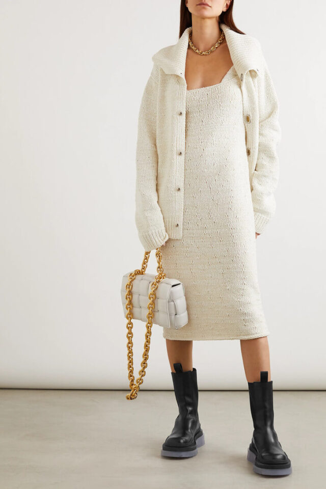 With cardigan