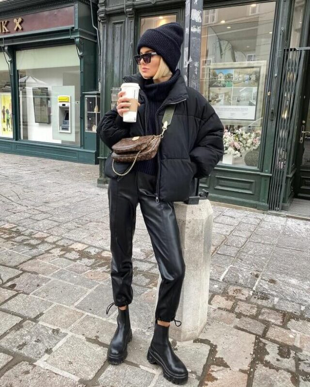 With leather trousers