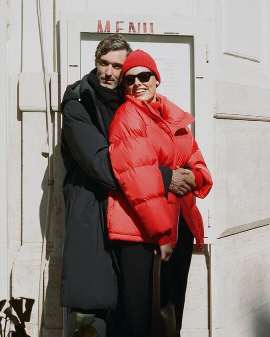 Red and black down jackets