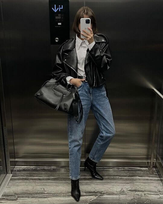 With leather jacket