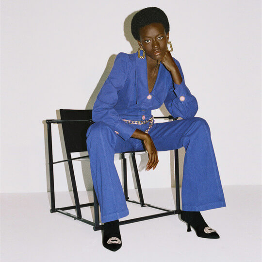 With blue suit