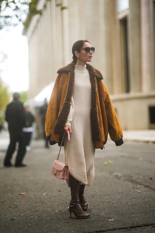 With sheepskin coat