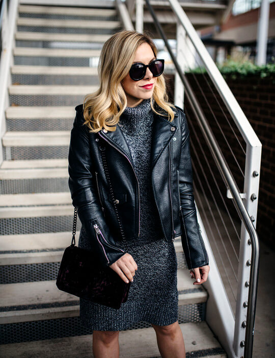 With leather jacket