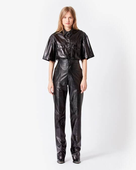 With leather shirt