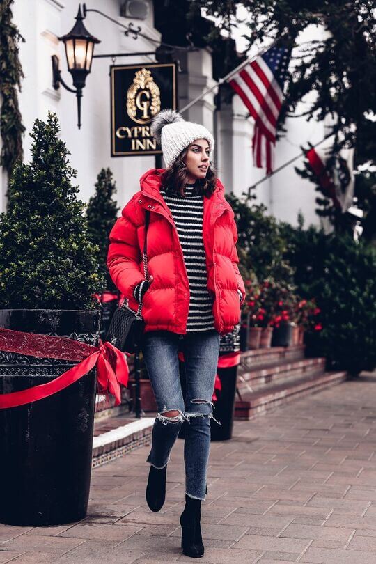 With red down jacket