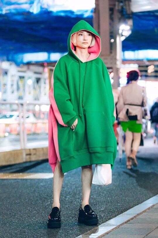 Green with pink hoodie