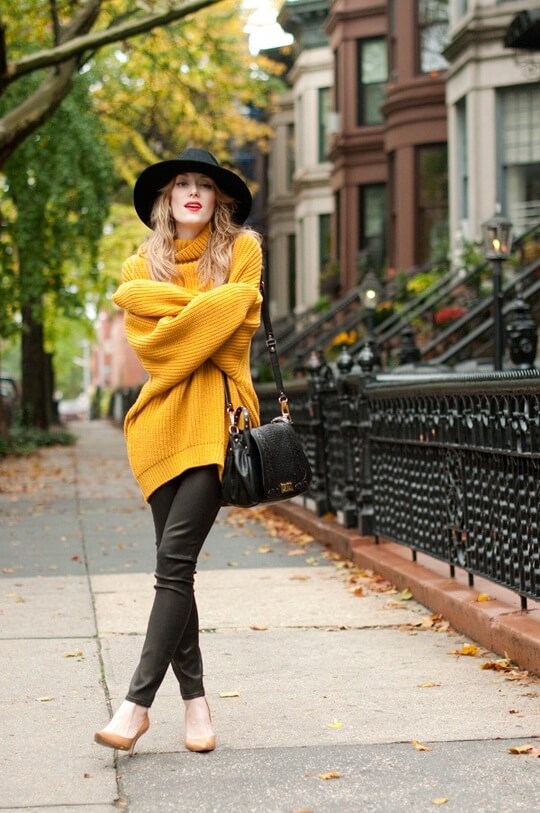 Bright sweater dress and trousers