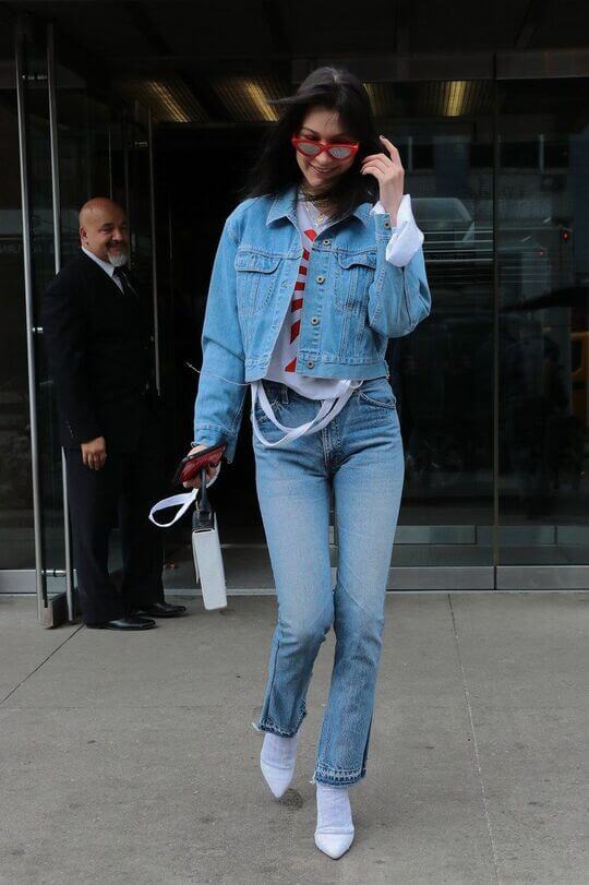 With denim shirt