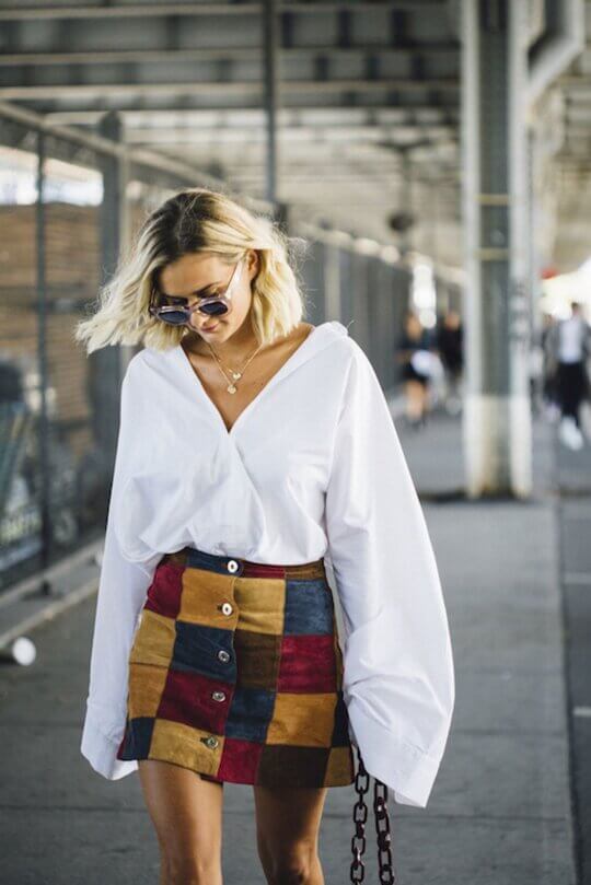 With plaid skirt