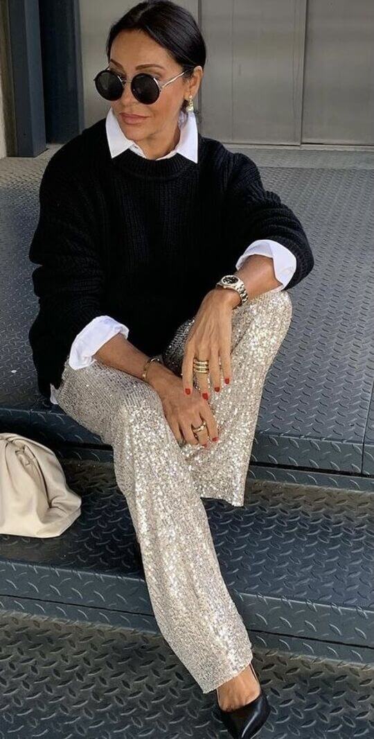Shirt with shiny pants