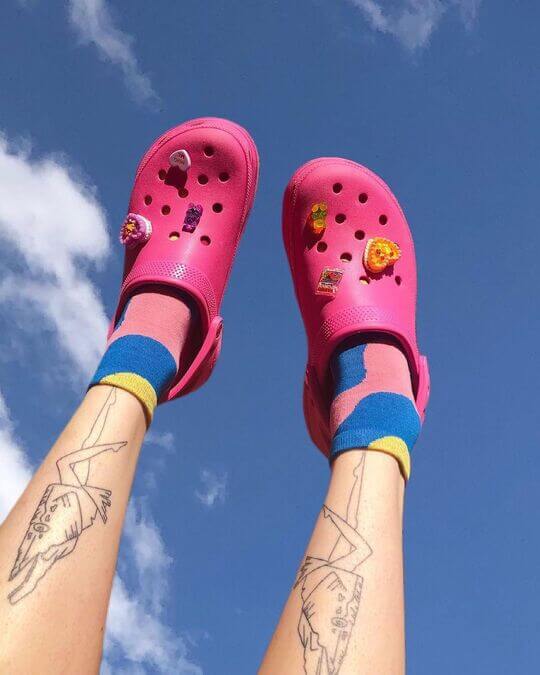 Bright printed socks and crocs