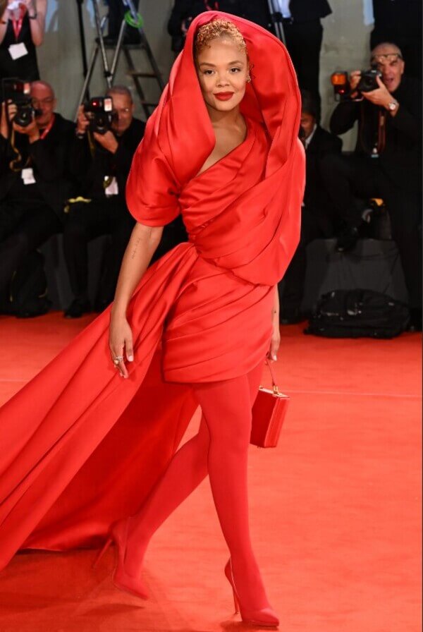 Tessa Thompson in a red Elie Saab hooded dress