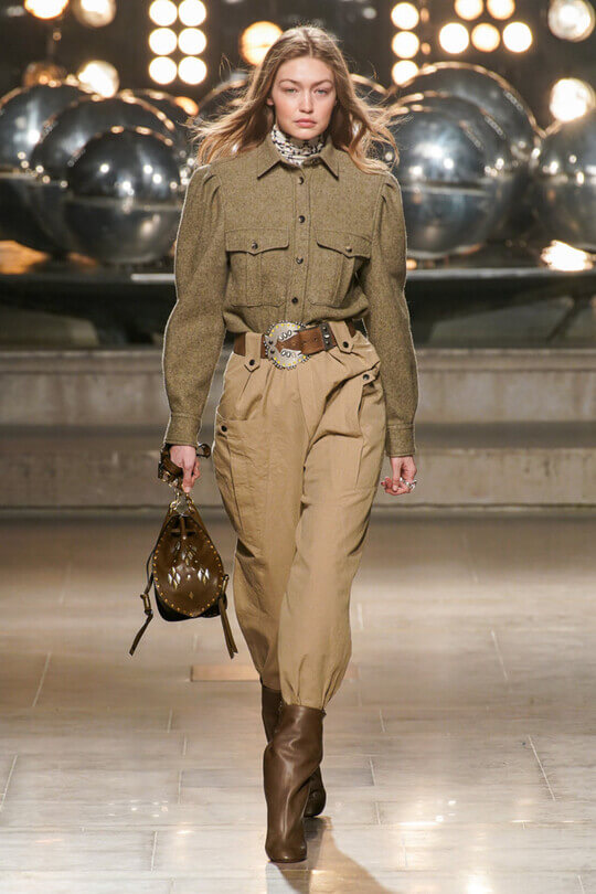 Bella Hadid cargo pants with booties on the runway