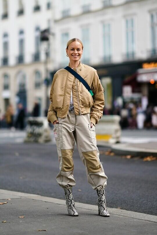 Snakeskin-print booties and kargo pants