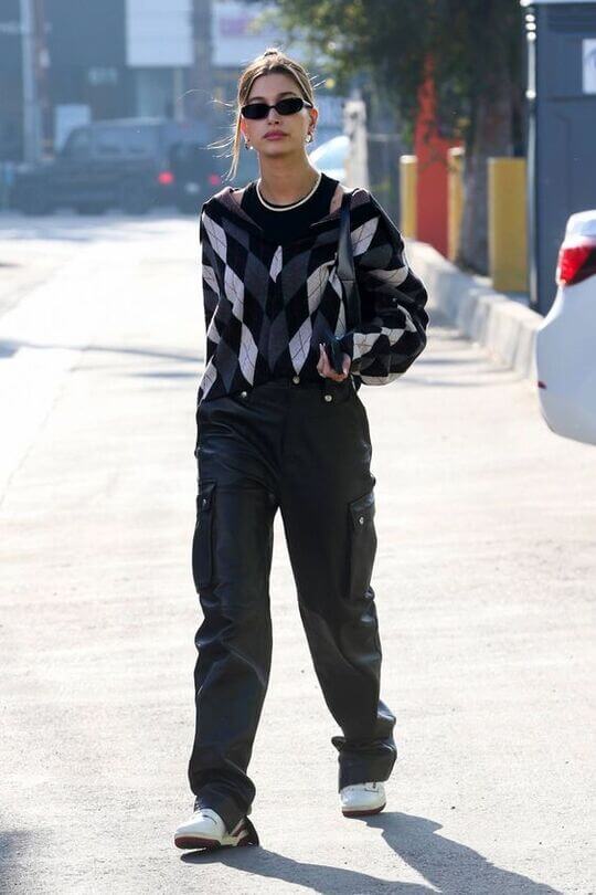 Hailey Bieber in cargo pants with a sweater