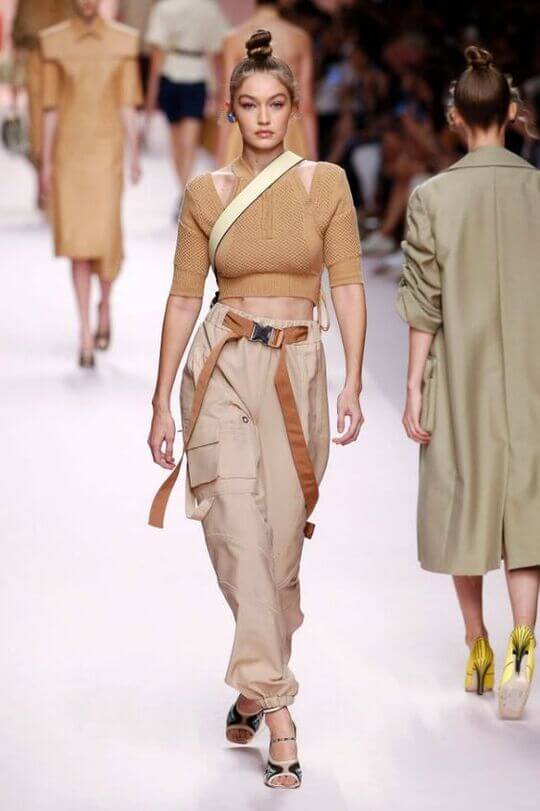 Gigi Hadid in cargo pants at the fashion show 