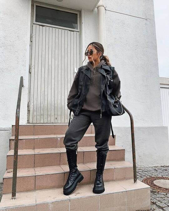 Joggers with leather jacket and boots