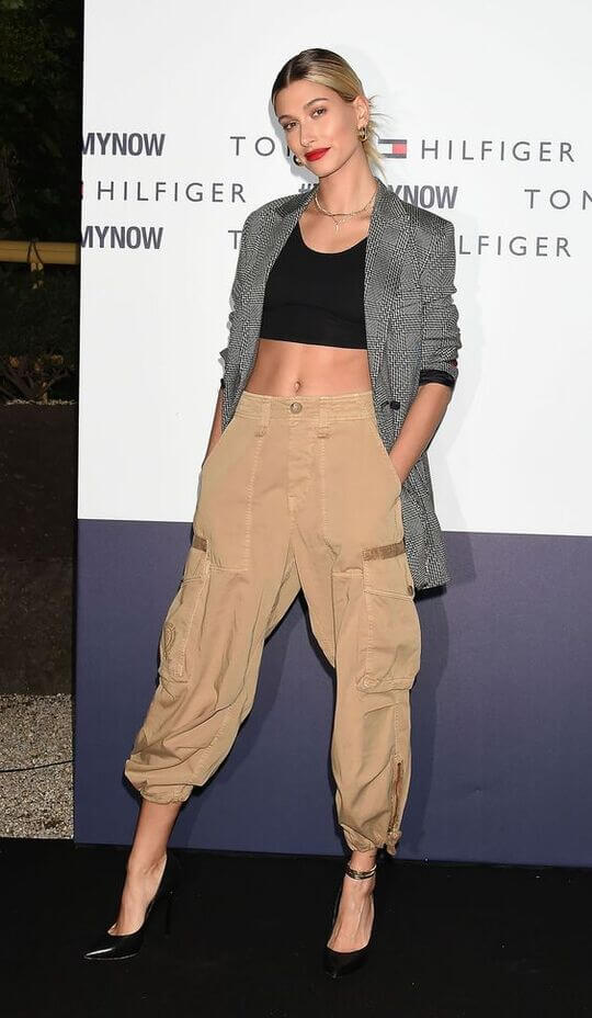 Hailey Bieber in cargo pants with shoes
