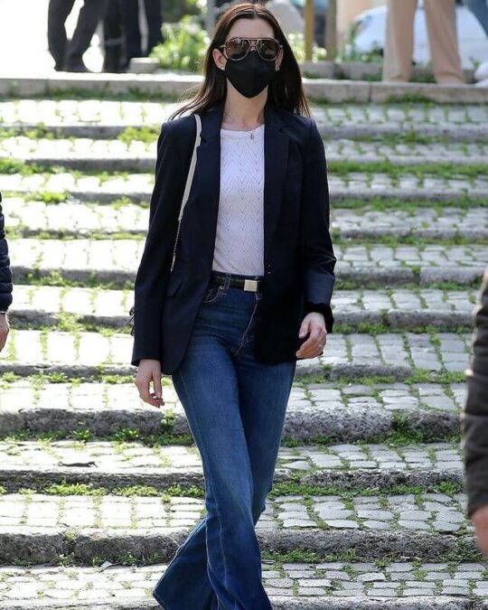 Anne Hathaway in a classic style jacket