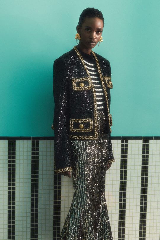 Mid-length sequin jacket for an hourglass figure by Balmain