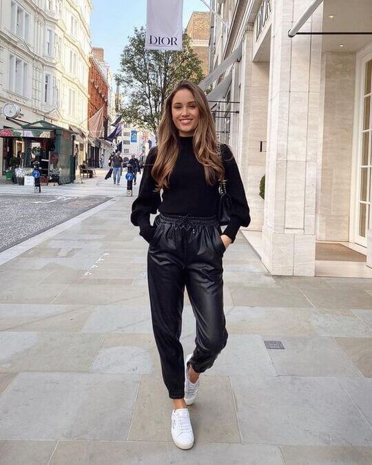 Leather women's joggers with turtleneck sweater