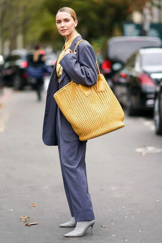 Yellow Shopper with Tory Burch pantsuit