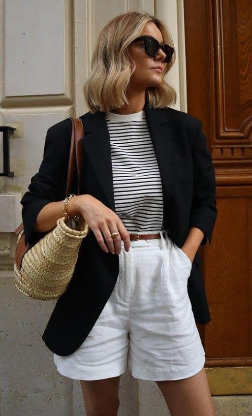 White shorts with a black jacket